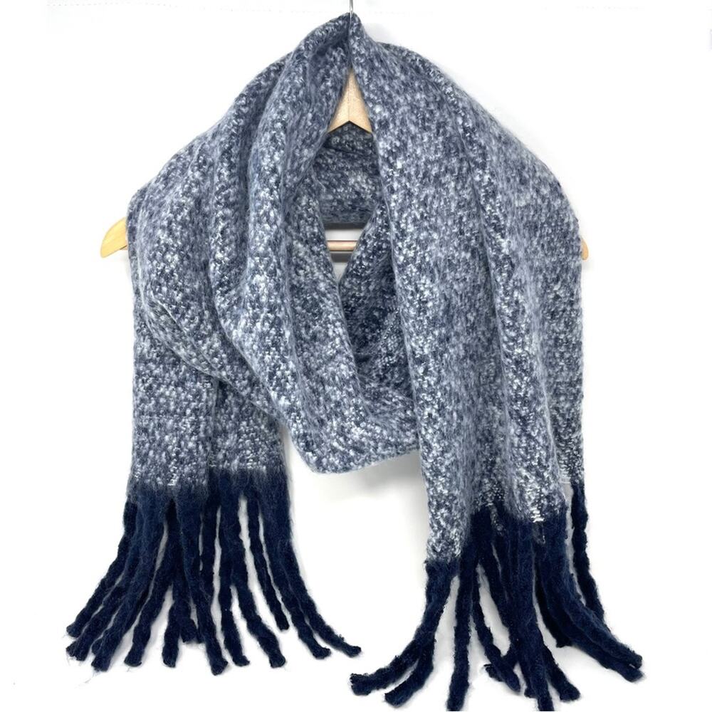 Renne's NYC Women's Soft Plush Scarf in Navy & White Rectangle Scarf w/ Fringe